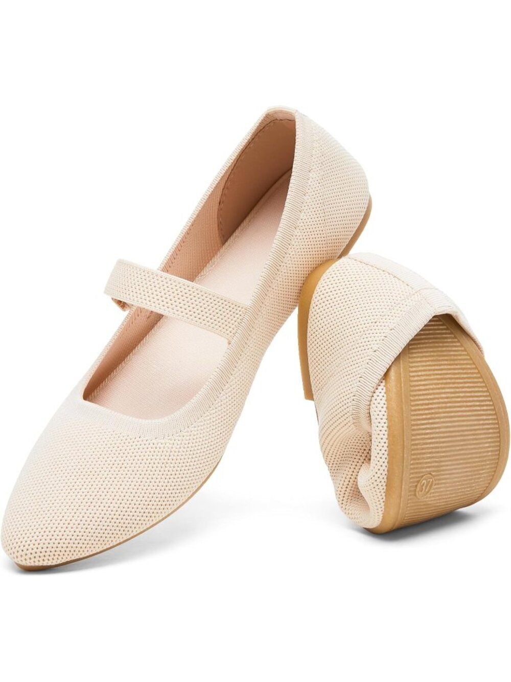 Women's Beige Mesh Adjustable Buckle Strap, Pointed Toe Lightweight Ballet Flat